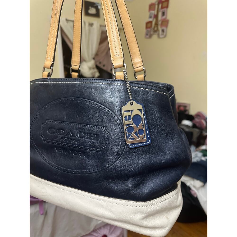 Coach New York Leather Womens Purse Handbag Blue White Satchel Handle Bag - Picture 10 of 16